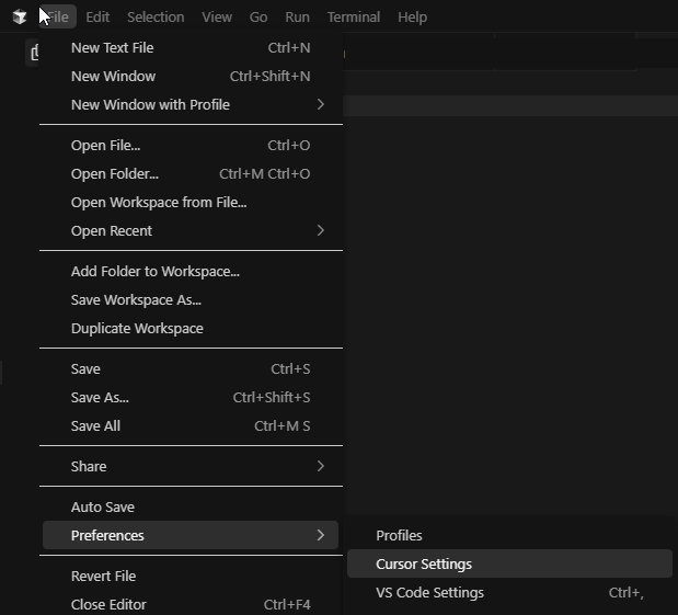 Откройте Cursor Settings